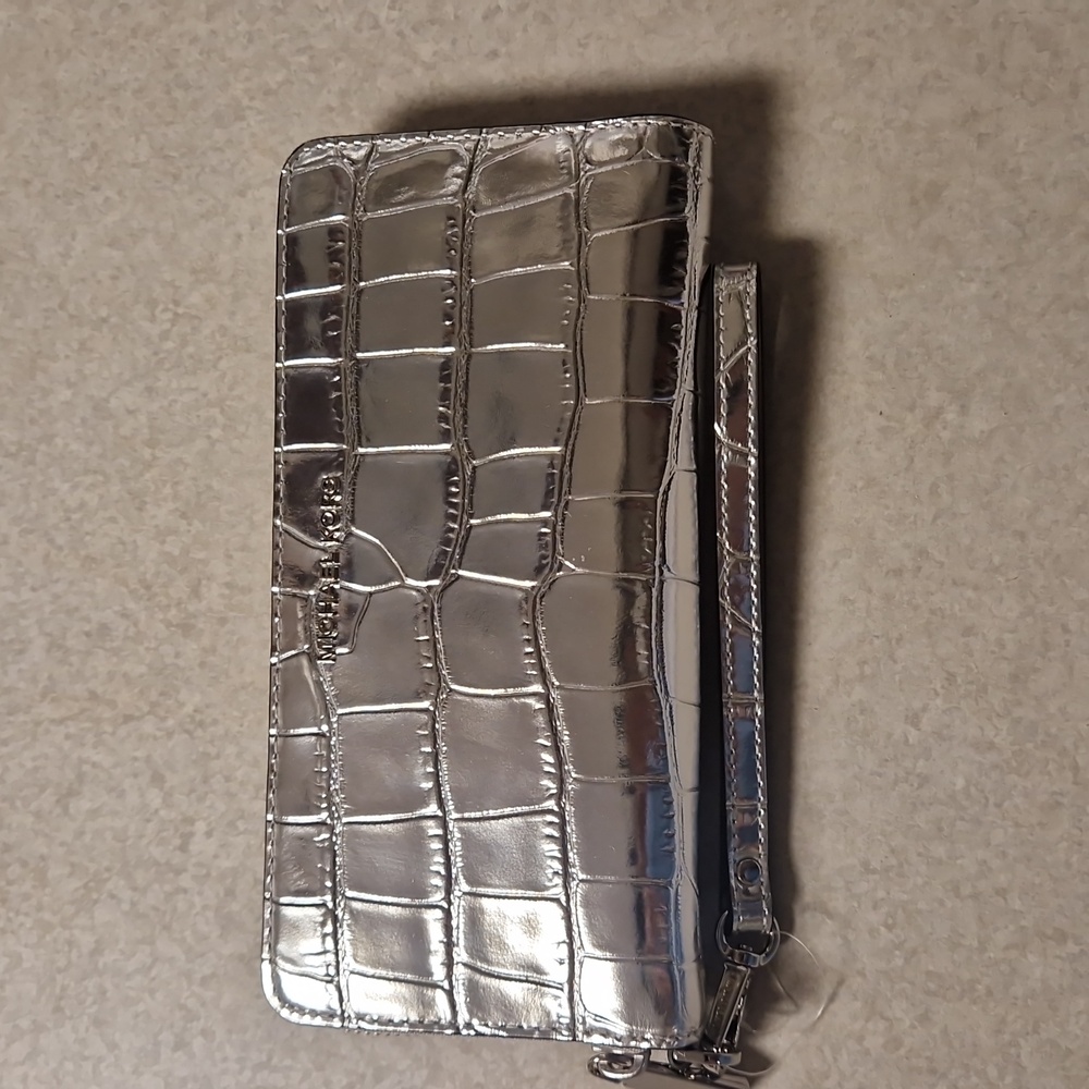Michael Kors Silver Wristlet Wallet With Box.